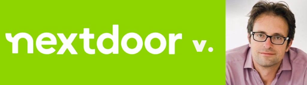 Nextdoor logo in white on a bright green background, with a man wearing glasses and a pink shirt on the right side.