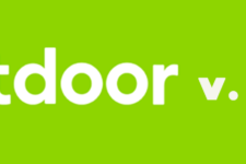Nextdoor logo in white on a bright green background, with a man wearing glasses and a pink shirt on the right side.