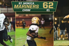 Split-panel collage showing three St. Monica Mariners football players in white uniforms running with the ball on a field, with a team banner above reading 'St. Monica Mariners'.
