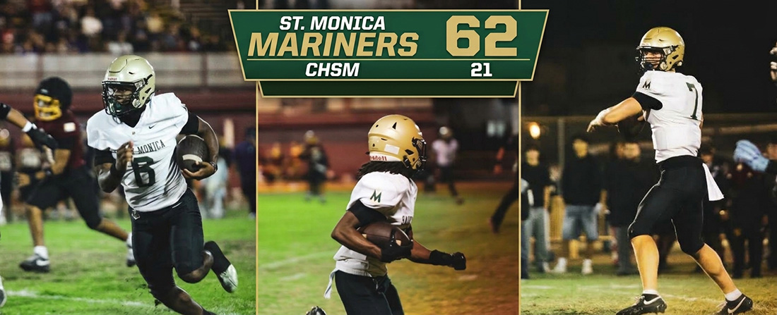 Split-panel collage showing three St. Monica Mariners football players in white uniforms running with the ball on a field, with a team banner above reading 'St. Monica Mariners'.