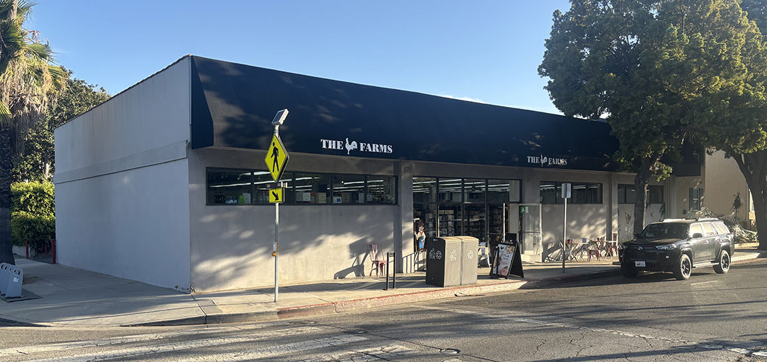 Exterior of a small grocery store called The Farms with a black awning, large storefront windows, and a curbside SUV parked on a sunny street.